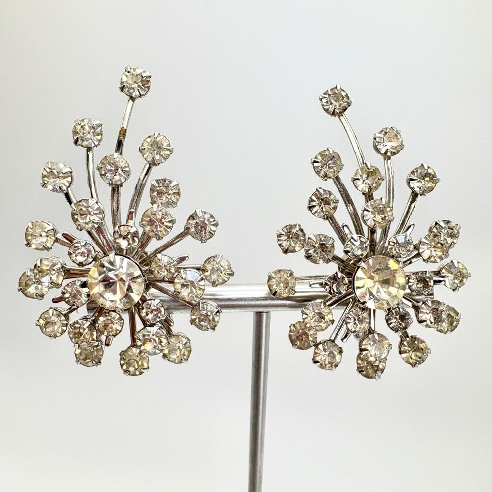 White Crystal Bezel Set Statement Earrings Silver Tone Size 2" Length